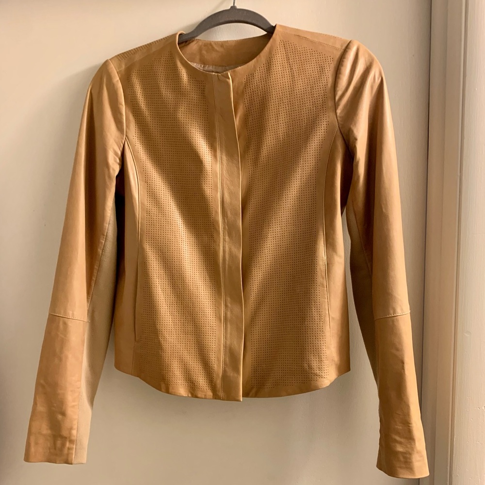 Vince Collarless Genuine Leather Tan Jacket